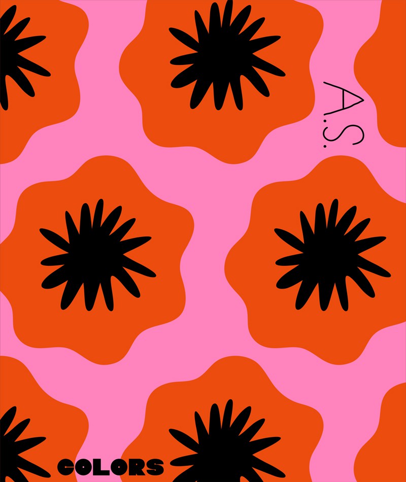 Minimalistic graphic of red and black flowers on pink background 