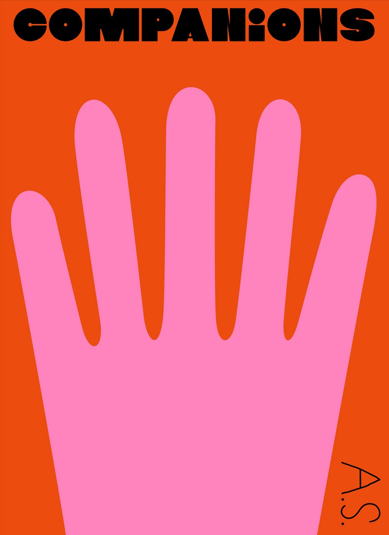 Minimalistic illustration of a pink hand on a red background in a business apartment in Berlin