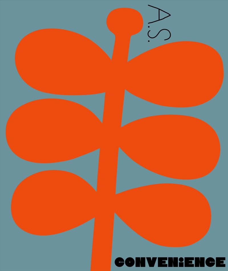 Petrolfarbenes Bild mit orangefarbener Pflanze, darunter steht Convenience