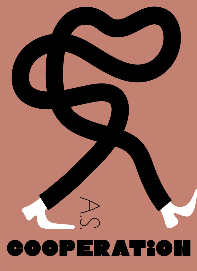 Rostrotes Bild mit einer künstlerischen Darstellung von Füßen und Beinen, darunter steht Cooperation