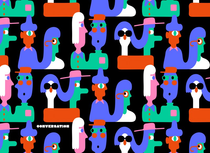 Pattern created from surrealist caricatures in RGB on black background