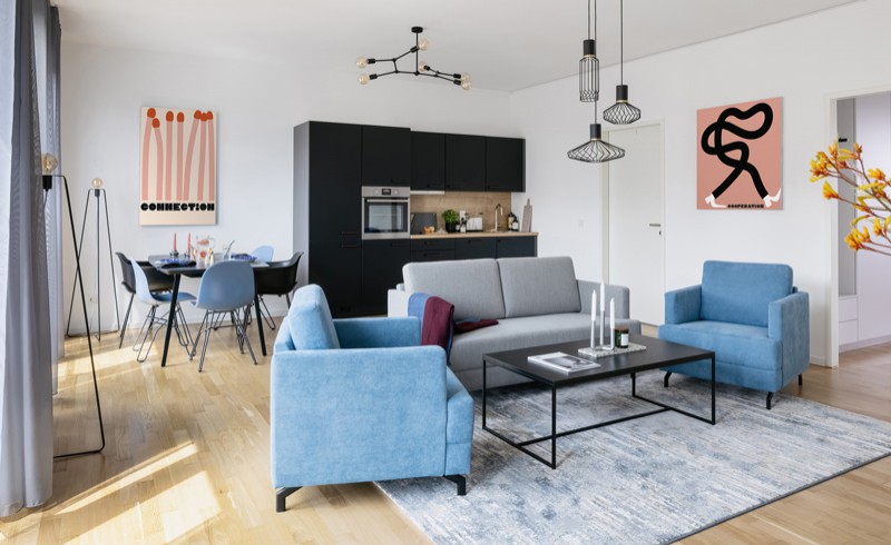 Beautifully designed Coliving room in Berlin with gray and blue sofas, a dining area and black kitchenette