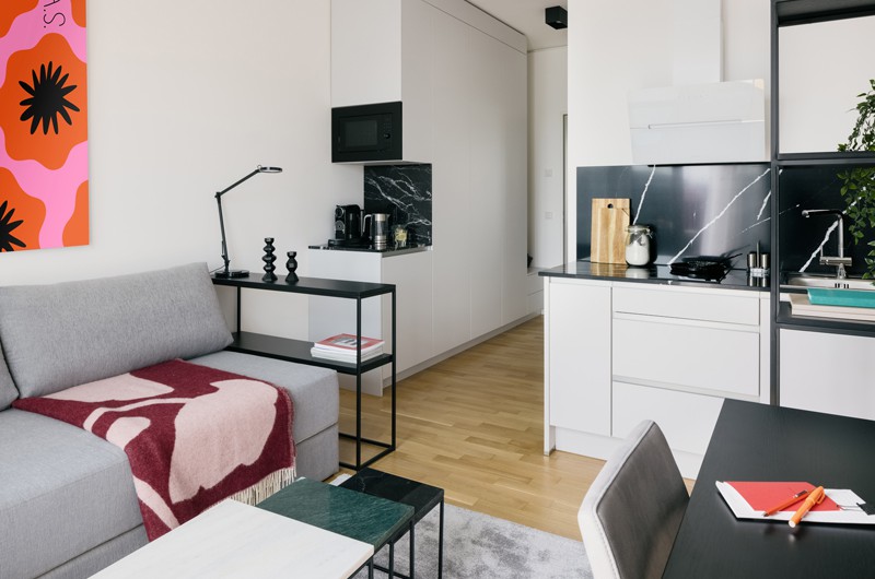Micro apartment in Berlin with gray sofa, coffee table, desk and modern kitchenette 