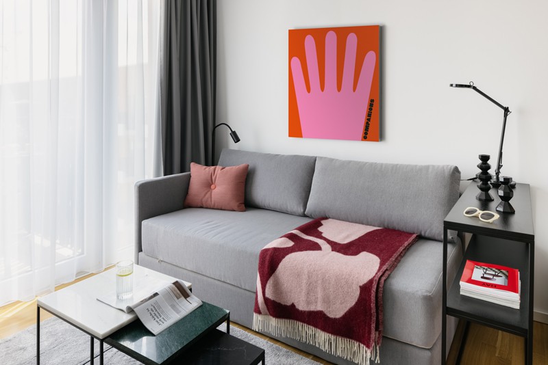 Apartment mit grauem Sofa und bunter Tagesdecke und einem bunten Bild an der Wand 