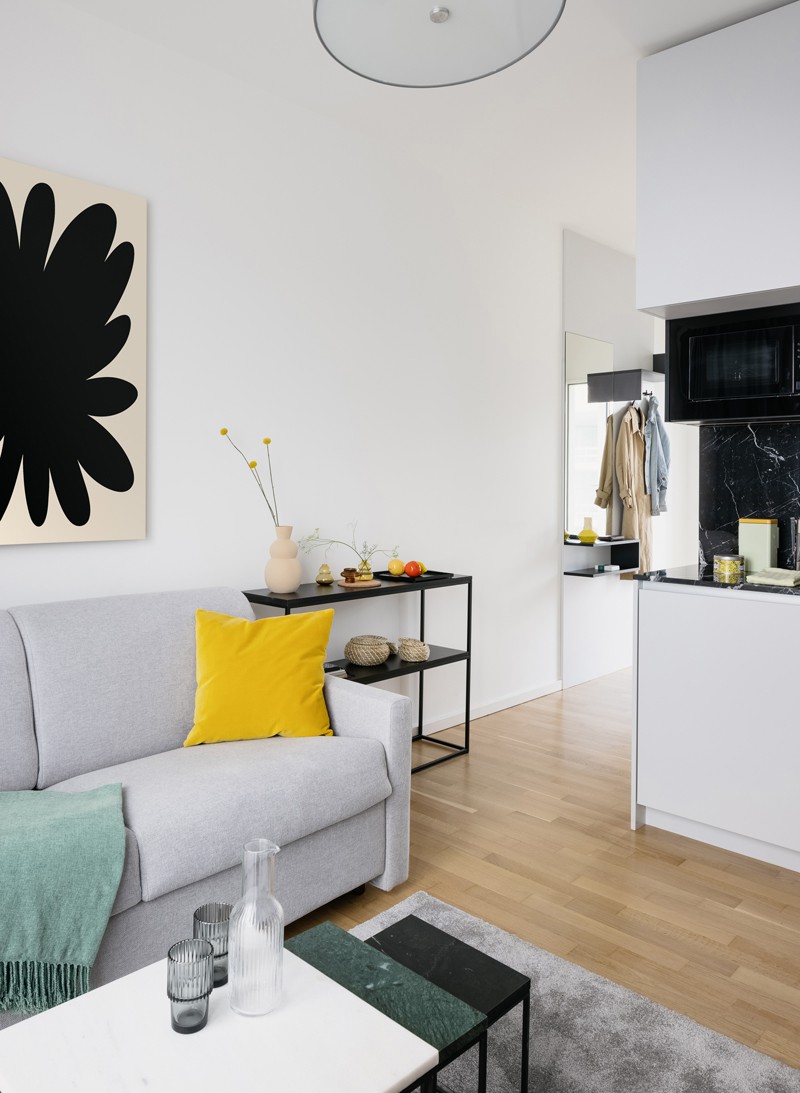 Mikroapartment mit hellgrauem Sofa und Teppich, Couchtisch und Bild mit schwarzem Klecks