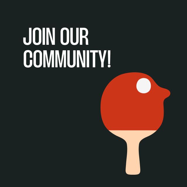 Graphic illustration with the text “Join our community!” in bold white font on a dark green background. To the right, there’s a stylized red ping pong paddle with a white ball, forming the abstract shape of a bird’s head.
