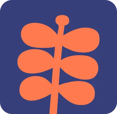 Minimalistic graphic illustration of a stylized orange plant with symmetrical oval leaves on a dark blue background.