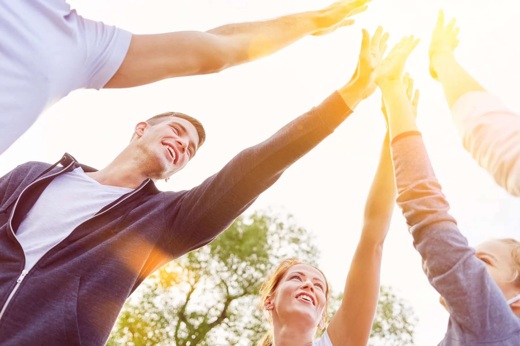 A group of young people raises their arms for a high-five under bright sunlight. Their expressions are joyful and full of energy, symbolizing team spirit, unity, and shared success.