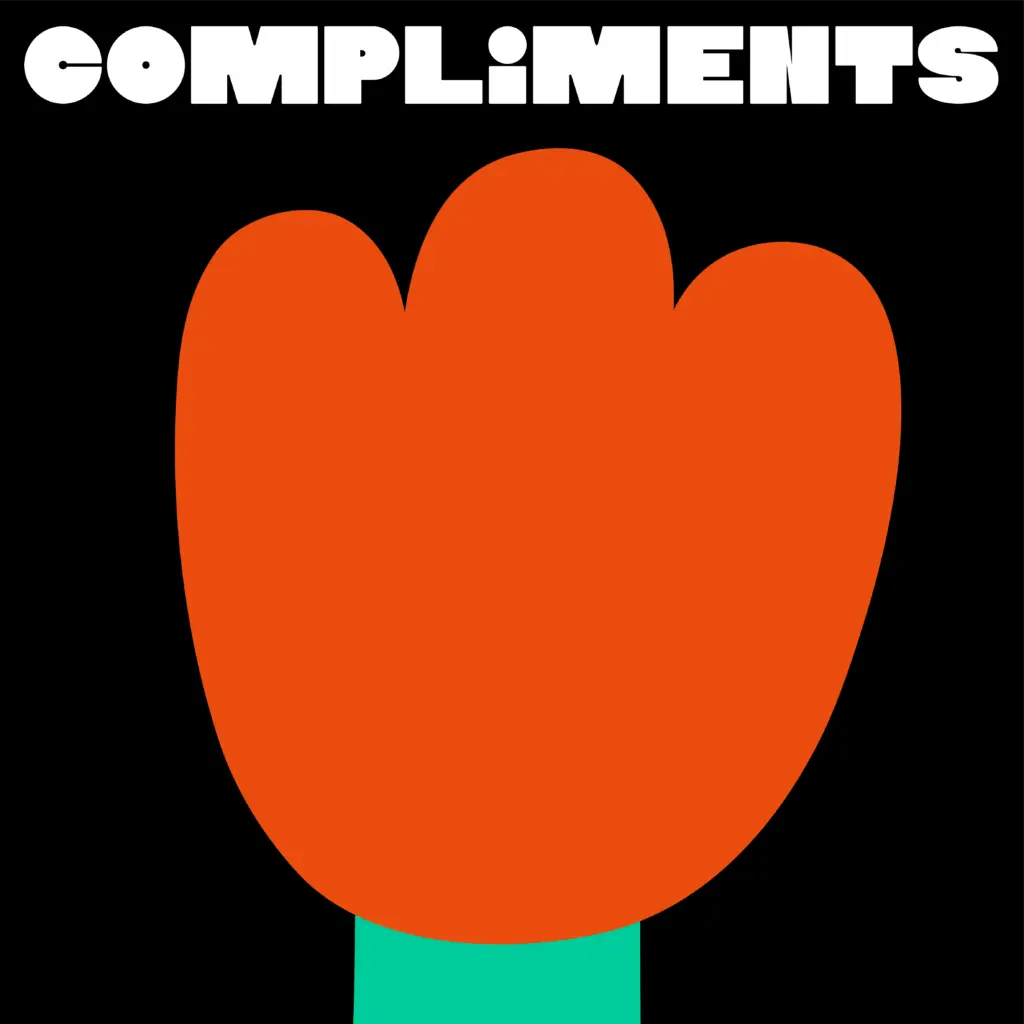 Graphic illustration with the word "COMPLIMENTS" in bold, white uppercase letters at the top. Below is a large, stylized red flower resembling a tulip with a green stem, all set against a black background.