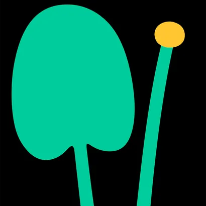 Minimalist illustration on a black background showing two abstract plants: one with a large green oval leaf and the other with a long green stem topped by a small yellow circle.