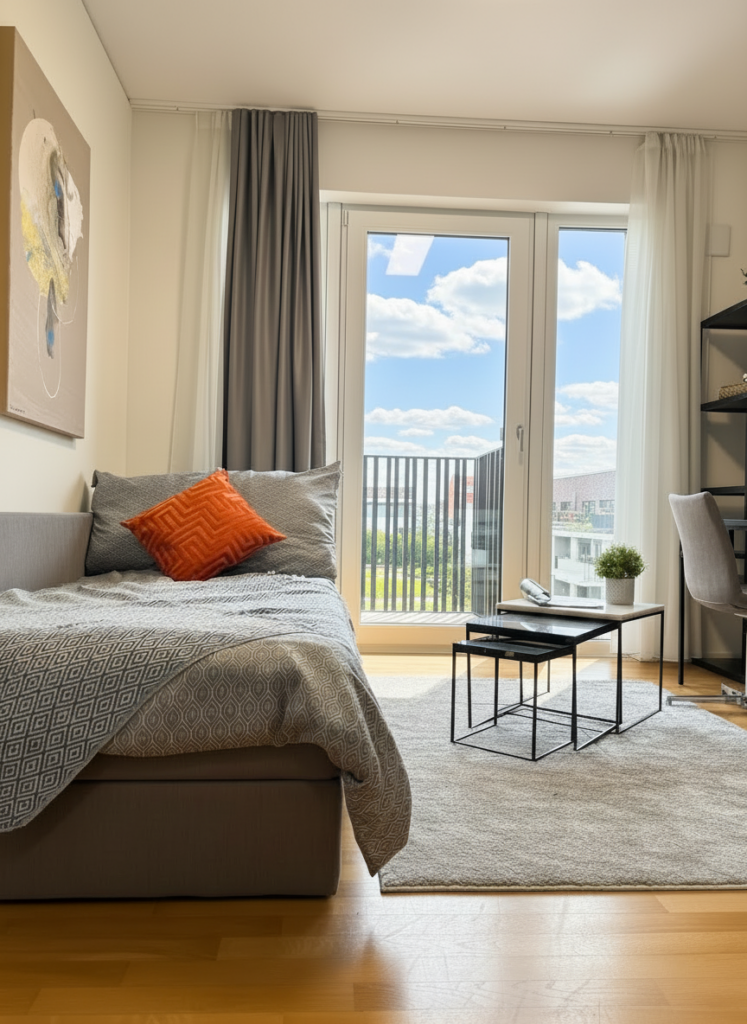 Single bed with red pillow, balcony