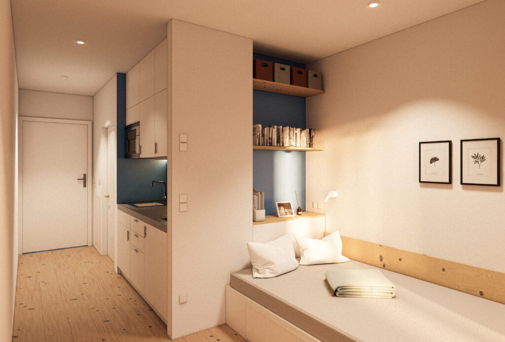 Mannheim Micro Apartment Innen - Küche und Bett